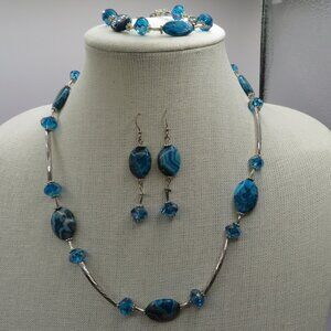 Beaded Jewelry Set Silver Tone Blue Beads Necklace Bracelet Earrings